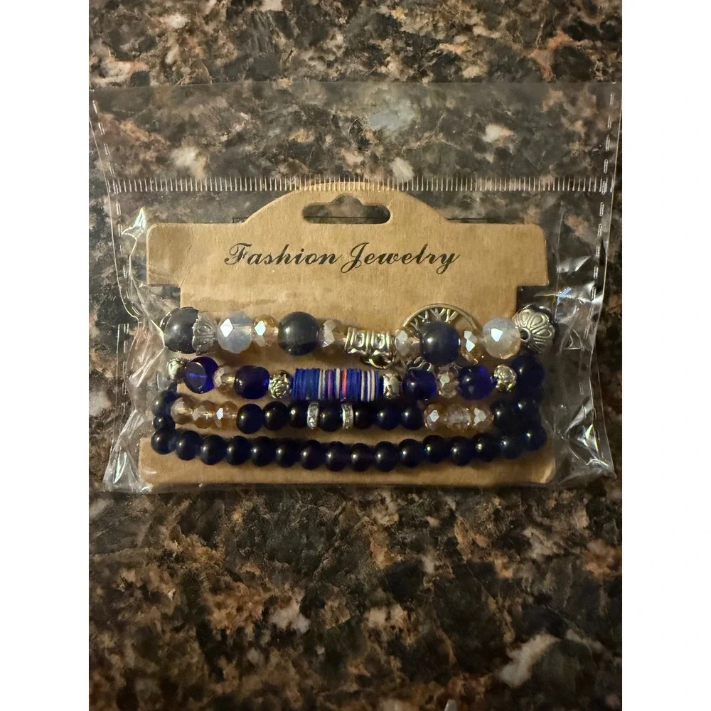 Fashion Jewelry‎ Navy Blue Beaded Stretch Bracelet Set 4 Piece Boho Stack Silver